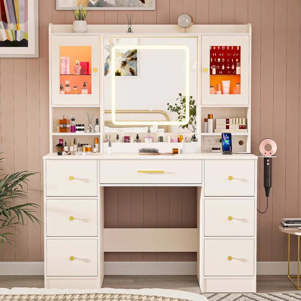 Makeup Vanity Desk with Mirror and Lights, White Large Vanity Desk with 7 Drawers & LED Jewelry Cabinet, Vanity Table