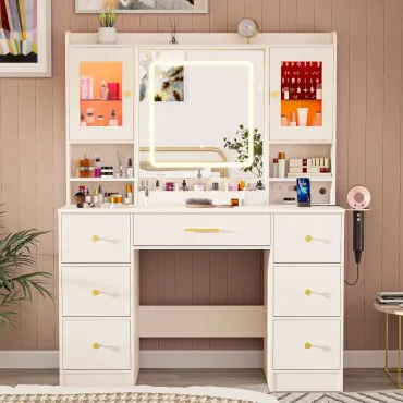 Makeup Vanity Desk with Mirror and Lights, White Large Vanity Desk with 7 Drawers & LED Jewelry Cabinet, Vanity Table