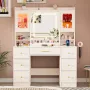 Makeup Vanity Desk with Mirror and Lights, White Large Vanity Desk with 7 Drawers & LED Jewelry Cabinet, Vanity Table