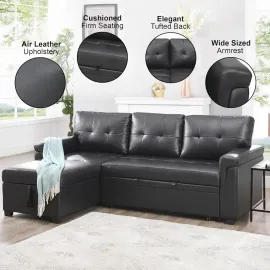 Modern Sectional Sofa, with Storage Chaise Black/Air Leather