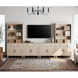 Entertainment Center with Bookshelves for TVs up to 75, Farmhouse Wall Unit TV Stand with 8 Doors & 4 Drawer