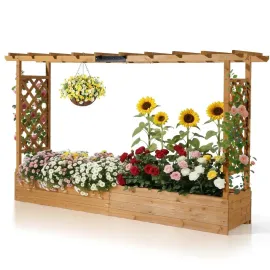 Raised Garden Bed with Trellis & Hanging Roof, Wooden Garden Bed, Outdoor Planter Box for Yard, Garden, Balcony, Customized