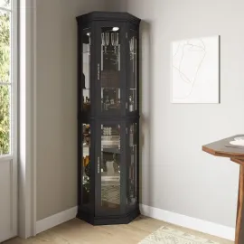Lighted Three-sided Glass Display Cabinet with Tempered Glass Doors and Shelves, Wooden Corner Cabinet with Light Bulbs