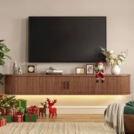71 Floating TV Stand with Power Outlet for TVs up to 80, Fluted Entertainment Center with Remote Control for LED Lights