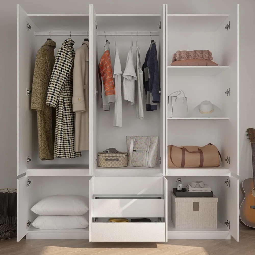 78” 6-Door Large Armoire Wardrobe Closet, Bedroom Armoire with 3 Drawers & 2 Hanging Rod, Wooden Wardrobe Closet, Customized
