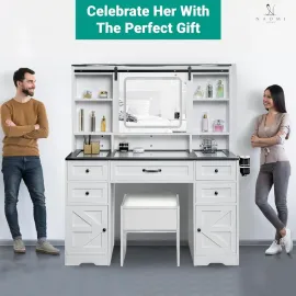 47 Farmhouse Makeup Vanity with Sliding Mirror, Glass Top Organizer, 3-Color LED Lights, Charging Station