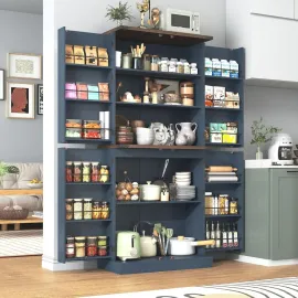 Farmhouse Kitchen Pantry Cabinet, 71 Tall Storage Cabinet with Adjustable Shelves & 4 Barn Doors & Drawer, Rustic Wood Cupboard