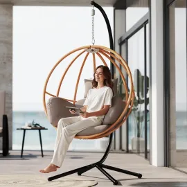 Egg Chair Outdoor, Imitation Rattan Hanging Egg Chair with Stand, Hanging Chairs with Cushions, 80