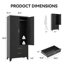 Black Metal Wardrobe Closet with 2 Drawers, 71