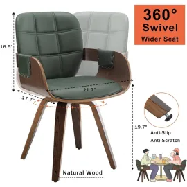 MCM Dining Chair Set of Two, Swivel Faux Leather Dining Chairs with Arms and Curved Back, Bentwood Structure, Walnut Finish