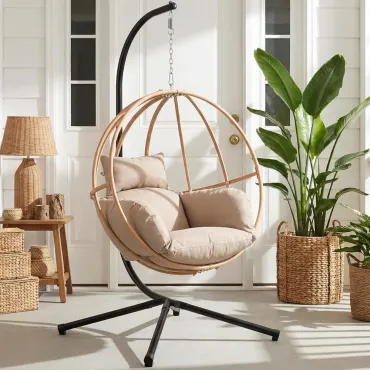 Egg Chair Outdoor, Imitation Rattan Hanging Egg Chair with Stand, Hanging Chairs with Cushions, 80