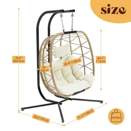 Double Swing Egg Chair with Stand, Oversized 2 Person Indoor Outdoor Wicker Patio Basket Hanging Chair with Beige, Customized