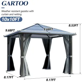 10’x10’ Patio Hardtop Gazebo with Polycarbonate Roof, Waterproof Outdoor Canopy Gazebo, Steel Frame Permanent Pavilion