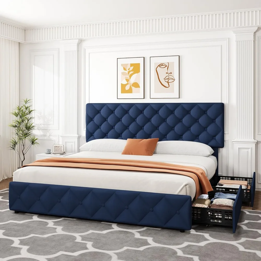King Size Bed Frame with 4 Storage Drawers and Adjustable Headboard, Faux Leather Upholstered Platform, Customized