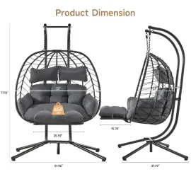 Double Egg Chair with Adjustable Footrest & Stand, Rattan Hammock Swing Loveseat with Cushions & Headrests, Customized