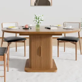 Extendable Round Dining Table for 4-6-8, 59 Inch Dining Room Kitchen Table with Storage, Fluted Wood Slide Door, Customized
