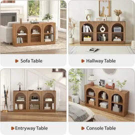Console Table, with 3-Tier Open Storage, 63 Arched Entryway Table with Carved Fluted Panels, Rectangular Wooden Sofa Table