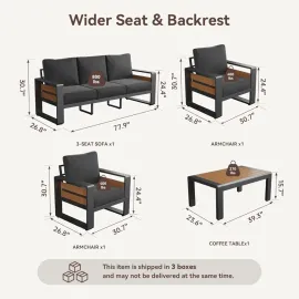 Aluminum Patio Furniture Set, 5 Seats Sectional Metal Patio Furniture with Coffee Table, 6'' Thick Cushions, Customized