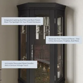 Lighted Three-sided Glass Display Cabinet with Tempered Glass Doors and Shelves, Wooden Corner Cabinet with Light Bulbs