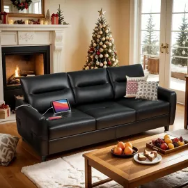 85” Black Faux Leather Couch with USB, 3 Seater Sofa Couches for Living Room, Large Mid Century Modern Office Apartment