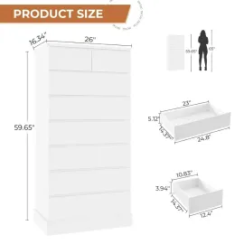 White Tall Dresser for Bedroom with 8 Drawers, 59.6