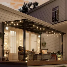 8' x 12' Wall Mounted Pergola, Lean to Metal Awnings, Sloped Roof Patio Gazebo Awning, Black