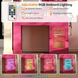 Vanity Desk with Sliding Mirror and Lights, Glass Top Makeup Vanity Table w/Glass Cabinets w/Hidden Jewelry Storage