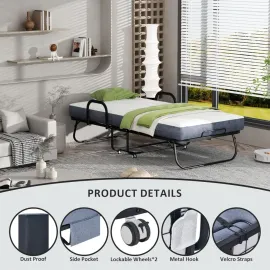 Folding Bed with Mattress,75X38 Twin Size Frame, Portable roll Away Bed with Memory Foam Mattress