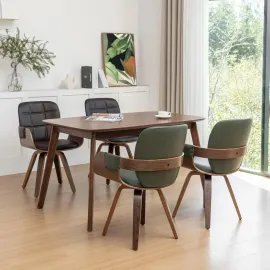 MCM Dining Chair Set of Two, Swivel Faux Leather Dining Chairs with Arms and Curved Back, Bentwood Structure, Walnut Finish