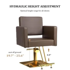 Brown and Gold Barber Chair Hair Salon Chair with Heavy Duty Hydraulic Pump, Square Base, Stainless Steel Footrest