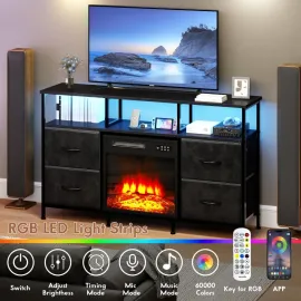 Fireplace TV Stand with 4 Fabric Drawers, TV Stand Dresser with Power Outlets and LED Lights, Fireplace Entertainment Center