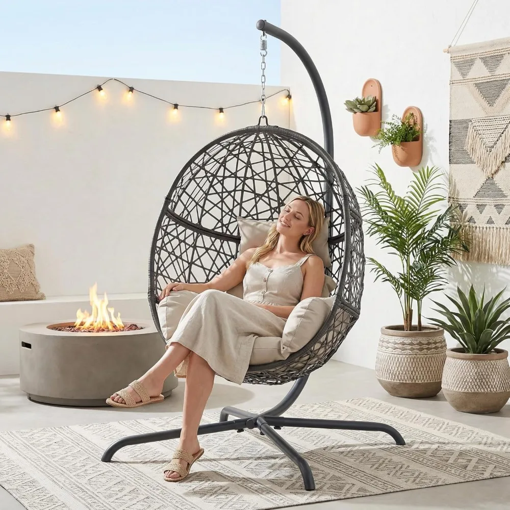 Oversized Hanging Egg Chair with Stand, Indoor Outdoor Grey Wicker Bird Cage Swing Chair, Patio Hammock Swinging, Customized