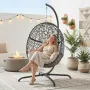 Oversized Hanging Egg Chair with Stand, Indoor Outdoor Grey Wicker Bird Cage Swing Chair, Patio Hammock Swinging, Customized