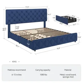 King Size Bed Frame with 4 Storage Drawers and Adjustable Headboard, Faux Leather Upholstered Platform, Customized
