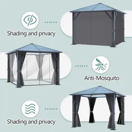 10'x10' Hardtop Gazebo, Outdoor Polycarbonate Roof Gazebo, Heavy Duty Metal Permanent Pavilion with Curtains & Netting