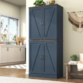 Farmhouse Kitchen Pantry Cabinet, 71 Tall Storage Cabinet with Adjustable Shelves & 4 Barn Doors & Drawer, Rustic Wood Cupboard
