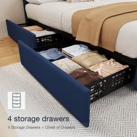 King Size Bed Frame with 4 Storage Drawers and Adjustable Headboard, Faux Leather Upholstered Platform, Customized