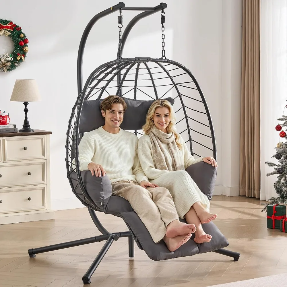 Double Egg Chair with Adjustable Footrest & Stand, Rattan Hammock Swing Loveseat with Cushions & Headrests, Customized