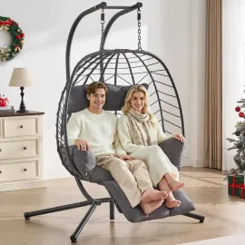 Double Egg Chair with Adjustable Footrest & Stand, Rattan Hammock Swing Loveseat with Cushions & Headrests, Customized