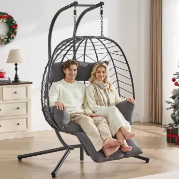Double Egg Chair with Adjustable Footrest & Stand, Rattan Hammock Swing Loveseat with Cushions & Headrests, Customized