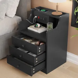 Bedside Table Set of 2 with Charging Station and Storage, Bedroom Bedside Table Set of 2