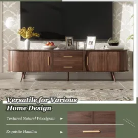 TV Stand, Mid Century Modern for TVs up to 75”, Fluted Entertainment Center, Media Console with Tambour Sliding Doors