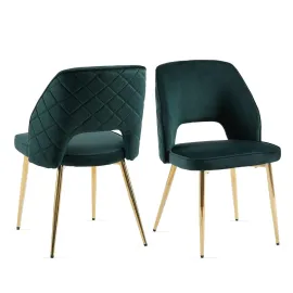 Modern Dining Chair Set of 2, Forest Green Velvet Fabric Upholstered Accent Chairs with Golden Metal Legs, Round Back Side Chair