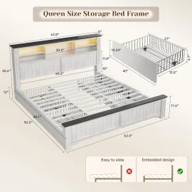 Queen Bed Frame with Headboard and Storage, LED and USB Queen Bed Frame with Storage, White