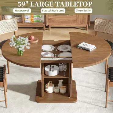 Extendable Round Dining Table for 4-6-8, 59 Inch Dining Room Kitchen Table with Storage, Fluted Wood Slide Door, Customized