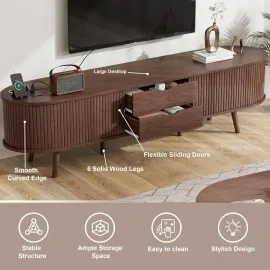 69 Mid Century Modern TV Stand with Power Outlet, Farmhouse Curved Edge TV and Media Console Table with Drawer