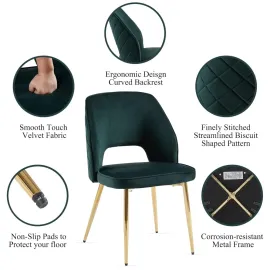 Modern Dining Chair Set of 2, Forest Green Velvet Fabric Upholstered Accent Chairs with Golden Metal Legs, Round Back Side Chair