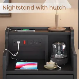 Bedside Table Set of 2 with Charging Station and Storage, Bedroom Bedside Table Set of 2
