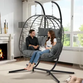 Double Hanging Egg Chair with Stand, Foldable 2-Person Wicker Porch Swing Chair Outdoor Indoor, Heavy Duty Rattan, Customized