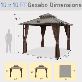 Gazebo 10' x 10', Outdoor Aluminum Frame Galvanized Steel Double Roof Pavilion with Netting and Shaded Curtains